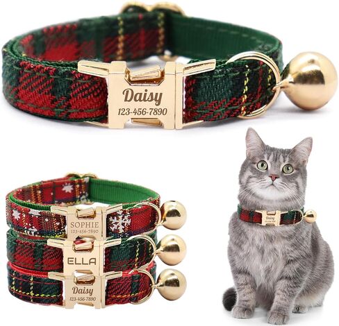 Personalized Plaid Cat Collar with Bell - Custom Polyester Kitten Collar with Engraved Name & Phone Number (Pattern 03, S (6.5-10.5 Inches)) in Saudi Arabia