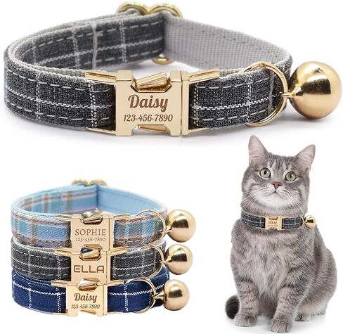 Personalized Plaid Cat Collar with Bell - Custom Polyester Kitten Collar with Engraved Name & Phone Number (Pattern 03, S (6.5-10.5 Inches)) in Saudi Arabia