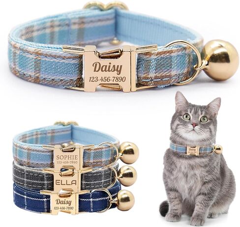 Personalized Plaid Cat Collar with Bell - Custom Polyester Kitten Collar with Engraved Name & Phone Number (Pattern 03, S (6.5-10.5 Inches)) in Saudi Arabia