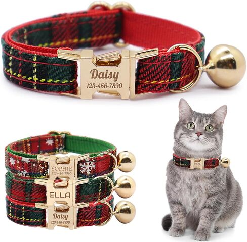 Personalized Plaid Cat Collar with Bell - Custom Polyester Kitten Collar with Engraved Name & Phone Number (Pattern 03, S (6.5-10.5 Inches)) in Saudi Arabia