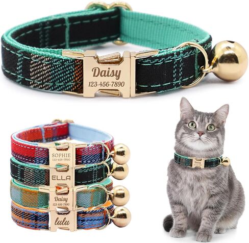 Personalized Plaid Cat Collar with Bell - Custom Polyester Kitten Collar with Engraved Name & Phone Number (Pattern 03, S (6.5-10.5 Inches)) in Saudi Arabia