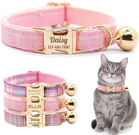 Personalized Plaid Cat Collar with Bell - Custom Polyester Kitten Collar with Engraved Name & Phone Number (Pattern 03, S (6.5-10.5 Inches)) in Saudi Arabia