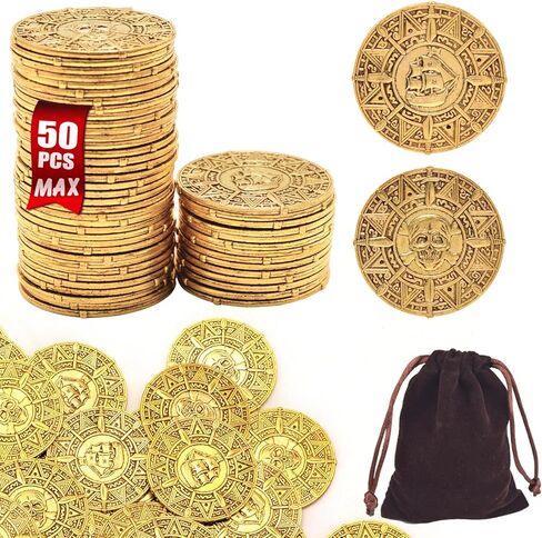 Large Metal Pirate Coins Gold Treasure Coin Set, Metal Replica Spanish Doubloons for Board Games, Tokens,Realistic Money Imitation for Treasure Chest - Size 1.18" (Pirate Copper 50 PCS) in Saudi Arabia
