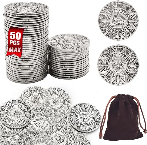 Large Metal Pirate Coins Gold Treasure Coin Set, Metal Replica Spanish Doubloons for Board Games, Tokens,Realistic Money Imitation for Treasure Chest - Size 1.18" (Pirate Copper 50 PCS) in Saudi Arabia