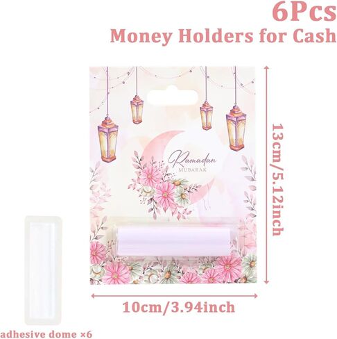 6 Pcs Eid Mubarak Money Holder for Cash, Pink Watercolor Flower Moon Design Ramadan Gift Cards with Plastic Cover and Adhesive, Money Envelopes Ornament for Kid Holiday Muslim Iftar Party in Saudi Arabia