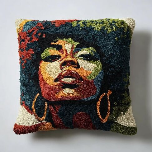 Latch Hook Pillow Kit Beautiful African Wioman with Pre-Printed Pillow Cover DIY Pillowcase Crochet Yarn Hooking Craft Set for Hobby and Home Decor 43x43cm-2 in Saudi Arabia