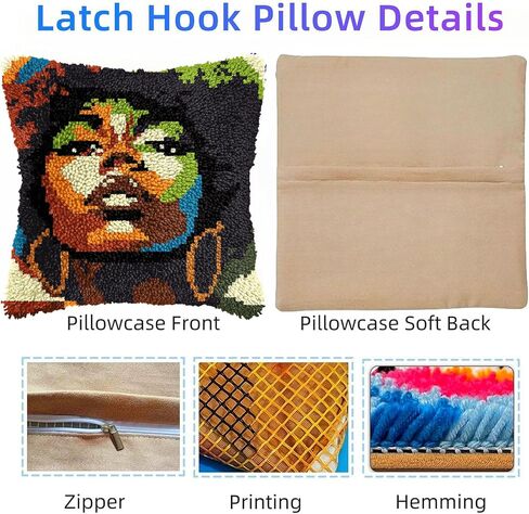 Latch Hook Pillow Kit Beautiful African Wioman with Pre-Printed Pillow Cover DIY Pillowcase Crochet Yarn Hooking Craft Set for Hobby and Home Decor 43x43cm-2 in Saudi Arabia