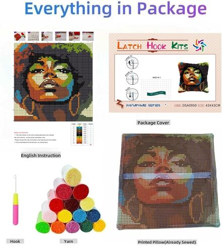 Latch Hook Pillow Kit Beautiful African Wioman with Pre-Printed Pillow Cover DIY Pillowcase Crochet Yarn Hooking Craft Set for Hobby and Home Decor 43x43cm-2 in Saudi Arabia