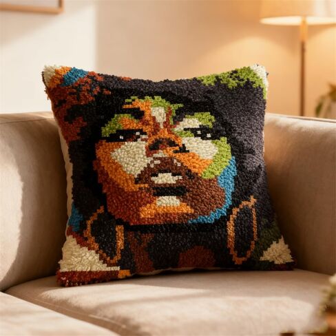 Latch Hook Pillow Kit Beautiful African Wioman with Pre-Printed Pillow Cover DIY Pillowcase Crochet Yarn Hooking Craft Set for Hobby and Home Decor 43x43cm-2 in Saudi Arabia