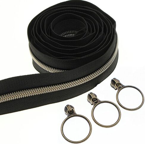 Leekayer #5 Antique Brass Metallic Nylon Coil Zippers by The Yard Bulk 10 Yards with Ring Pulls(Brown Tape with 25pcs Brass Sliders for DIY Sewing Tailor Craft Bag(Brown) in Saudi Arabia