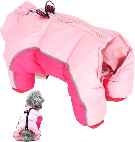 Dog Winter Coat with Back Zipper and D Ring, Windproof Waterproof Warm Pet Jacket, 4 Legs Full Coverage Pink Dog Clothes for Small Medium Dogs in Saudi Arabia