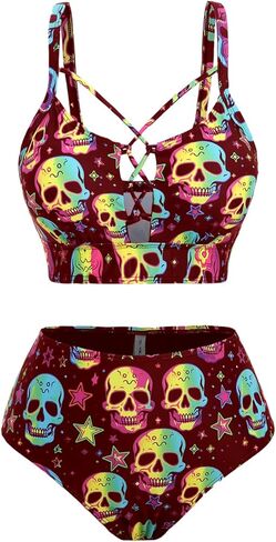 ROSE GAL Rosegal Women Plus Size Goth Bikini Set Skulls Stars Print Strappy High Waisted Swimsuits in Saudi Arabia
