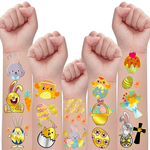 34 Metallic Glitter Styles Easter Temporary Tattoos for Kids, Easter Eggs Decorations Party Supplies Favors, Easter Tattoos Stickers for Boys and Girls (2 Sheets) in Kuwait