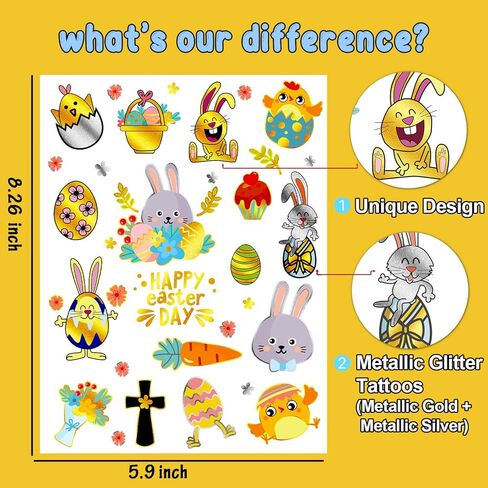 34 Metallic Glitter Styles Easter Temporary Tattoos for Kids, Easter Eggs Decorations Party Supplies Favors, Easter Tattoos Stickers for Boys and Girls (2 Sheets) in Kuwait