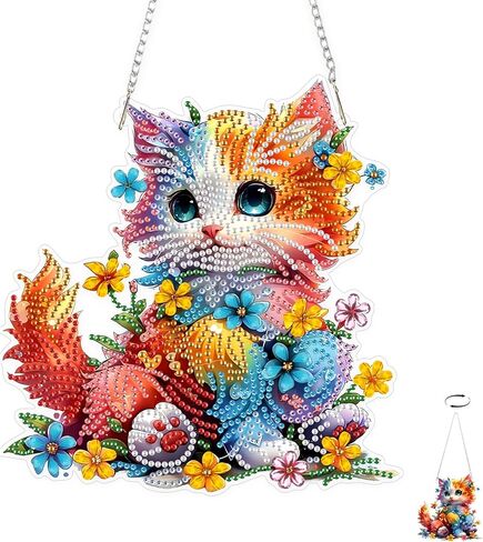 TOSTOG Pretty Cat Flower Diamond Art Pendant Kits for Adult, Cute Diamond Painting Hanging Kit for Beginners, 5D DIY Crafts Gem Art, Waterproof Full Accessories for Home Decor Idea 20 * 20 cm/8 * 8 in in Saudi Arabia