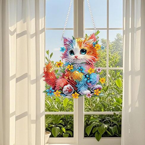 TOSTOG Pretty Cat Flower Diamond Art Pendant Kits for Adult, Cute Diamond Painting Hanging Kit for Beginners, 5D DIY Crafts Gem Art, Waterproof Full Accessories for Home Decor Idea 20 * 20 cm/8 * 8 in in Saudi Arabia