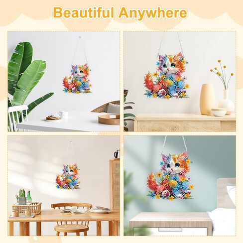 TOSTOG Pretty Cat Flower Diamond Art Pendant Kits for Adult, Cute Diamond Painting Hanging Kit for Beginners, 5D DIY Crafts Gem Art, Waterproof Full Accessories for Home Decor Idea 20 * 20 cm/8 * 8 in in Saudi Arabia