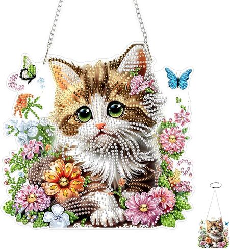 TOSTOG Pretty Cat Flower Diamond Art Pendant Kits for Adult, Cute Diamond Painting Hanging Kit for Beginners, 5D DIY Crafts Gem Art, Waterproof Full Accessories for Home Decor Idea 20 * 20 cm/8 * 8 in in Saudi Arabia