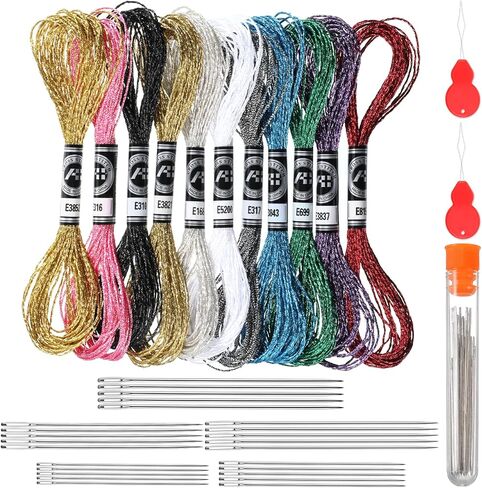 11 Skeins Metallic Embroidery Floss, 12 Strands Metallic Embroidery Thread 8M Colorful Embroideries Floss with 5 Size Needles and 1 Threader for Hand Embroideries String DIY Art Projects in Kuwait