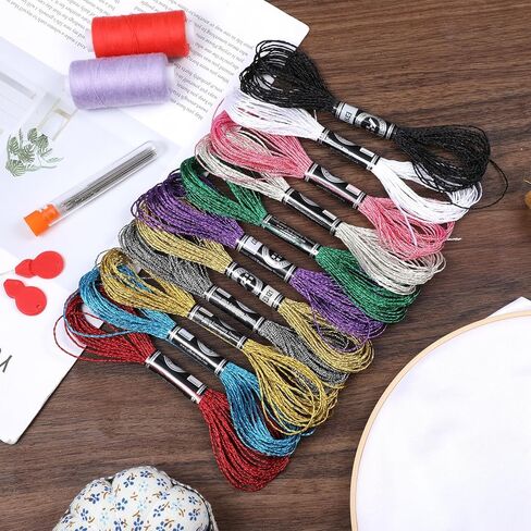 11 Skeins Metallic Embroidery Floss, 12 Strands Metallic Embroidery Thread 8M Colorful Embroideries Floss with 5 Size Needles and 1 Threader for Hand Embroideries String DIY Art Projects in Kuwait