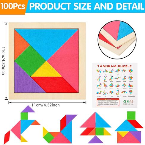 Soulchen 100 حزمة من الألغاز الخشبية Tangrams السائبة للطلاب الأشكال لغز الدماغ المنطق كتلة للعبة Tangram نمط هندسي كتلة لعبة عيد ميلاد حزب جودي حقيبة الحشو الهدايا التعليمية للبالغين in Kuwait