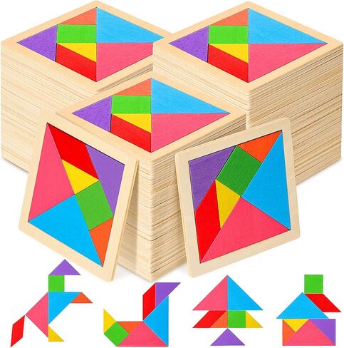 Soulchen 100 حزمة من الألغاز الخشبية Tangrams السائبة للطلاب الأشكال لغز الدماغ المنطق كتلة للعبة Tangram نمط هندسي كتلة لعبة عيد ميلاد حزب جودي حقيبة الحشو الهدايا التعليمية للبالغين in Kuwait