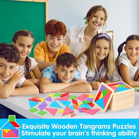 Soulchen 100 حزمة من الألغاز الخشبية Tangrams السائبة للطلاب الأشكال لغز الدماغ المنطق كتلة للعبة Tangram نمط هندسي كتلة لعبة عيد ميلاد حزب جودي حقيبة الحشو الهدايا التعليمية للبالغين in Kuwait