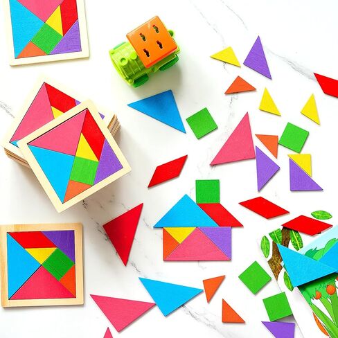Soulchen 100 حزمة من الألغاز الخشبية Tangrams السائبة للطلاب الأشكال لغز الدماغ المنطق كتلة للعبة Tangram نمط هندسي كتلة لعبة عيد ميلاد حزب جودي حقيبة الحشو الهدايا التعليمية للبالغين in Kuwait