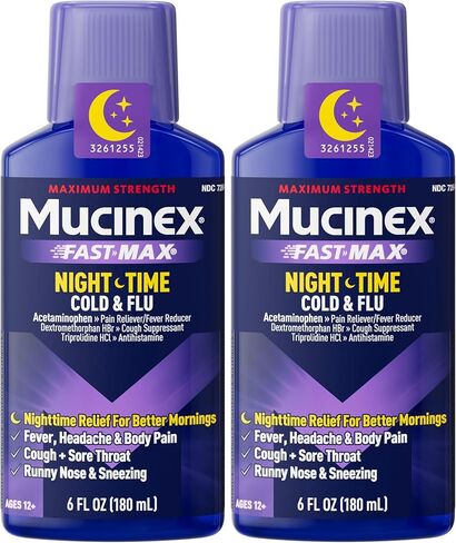 Mucinex القوة القصوى FastMax DM Max & Nightshift Cold & Flu Liquid (2 × 6 فلوريدا أوقية.) يخفف ويخفف المخاط، ويخفف السعال واحتقان الصدر، والألم، والحمى، والعطس، والتهاب الحلق، وسيلان الأنف in Kuwait