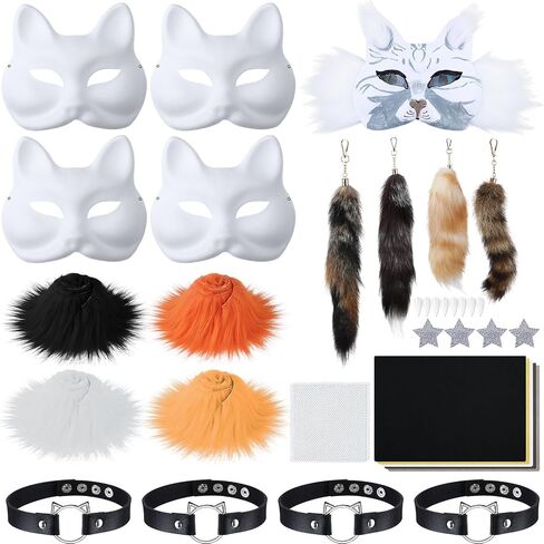 Soulchen 34 Pcs DIY Therian Fox Tail and Mask Kit Blank Cat Masks Craft Set Include Faux Felt Fur Sheet Plastic Eye Mesh Leather Necklace Dentures Star Stickers for Halloween Masquerade Cosplay Party in Saudi Arabia