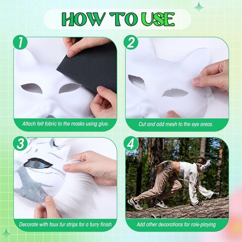 Soulchen 34 Pcs DIY Therian Fox Tail and Mask Kit Blank Cat Masks Craft Set Include Faux Felt Fur Sheet Plastic Eye Mesh Leather Necklace Dentures Star Stickers for Halloween Masquerade Cosplay Party in Saudi Arabia