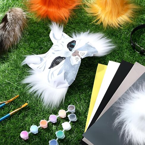 Soulchen 34 Pcs DIY Therian Fox Tail and Mask Kit Blank Cat Masks Craft Set Include Faux Felt Fur Sheet Plastic Eye Mesh Leather Necklace Dentures Star Stickers for Halloween Masquerade Cosplay Party in Saudi Arabia