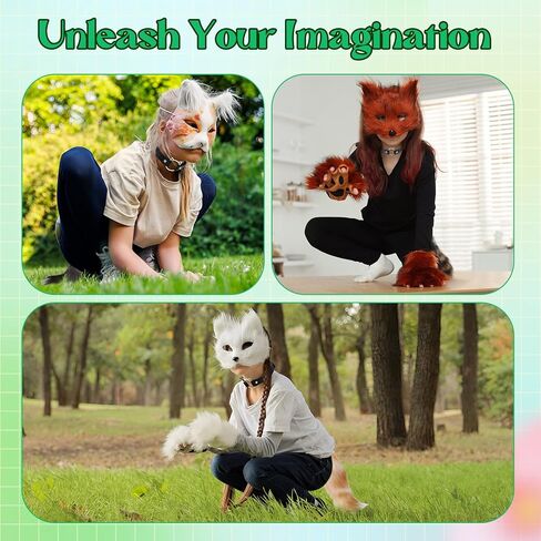 Soulchen 34 Pcs DIY Therian Fox Tail and Mask Kit Blank Cat Masks Craft Set Include Faux Felt Fur Sheet Plastic Eye Mesh Leather Necklace Dentures Star Stickers for Halloween Masquerade Cosplay Party in Saudi Arabia