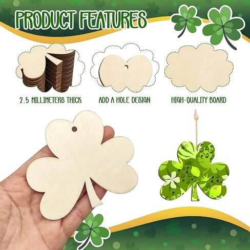 40 Pcs 3.5" Wooden Shamrock Ornaments to Paint, St. Patrick's Day Decoration Cutouts, DIY Unfinished Wood Discs for Crafts Hanging Decorations Wood Slices for Kids DIY Art Crafts Home Spring Decor in Kuwait