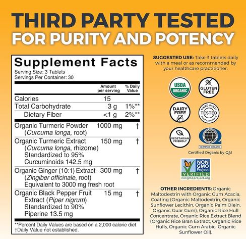 مكمل الكركمين العضوي من فيفا ناتشورالز 1500 مجم (90 قرص)، الكركمين الكركم مع الفلفل الأسود لامتصاص فائق، فعالية عالية موحدة بنسبة 95% من الكركمينويد، دعم المفاصل in Kuwait