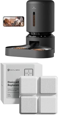Bundle of PETLIBRO Automatic Cat Feeder with Camera for 2 Cats (Dual Tray, Black) and 6 Packs Pet Food Desiccant Bag in Kuwait