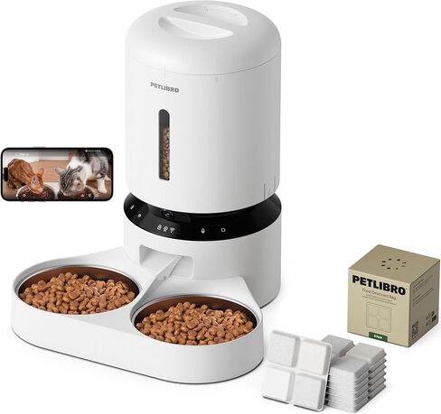 Bundle of PETLIBRO Automatic Cat Feeder with Camera for 2 Cats (Dual Tray, White) and 6 Packs Pet Food Desiccant Bag in Kuwait