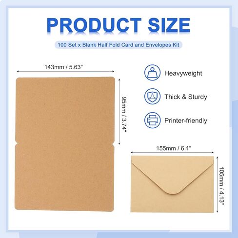 PATIKIL Blank Cards and Envelopes 4x6, 100 Set Half Fold Blank Note Cards and Envelopes Folded Cardstock Greeting Card for Invitations Wedding DIY Birthday, Brown in Saudi Arabia