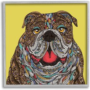 Stupell Industries Smiling Bulldog Bold Creative Mandala Patterns Shapes مؤطرة جدار الفن، تصميم بواسطة فالنتينا هاربر، 17 × 17، أسود مؤطر in Kuwait