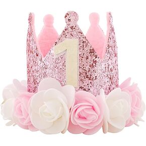 SEXWAWAMM Kbrand Hat First Birthday 1st For Baby Girl Decoration Gifts Rose Gold Baby Pink Party Crown One Year Old Flowers Princess Pink 3inch in Saudi Arabia