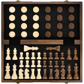 AMEROUS Magnetic Wooden Chess and Checkers Game Set, 15 Inches (2 in 1) Chess Board Games, 2 Extra Queens - Gift Package - Game Pieces Storage Slots, Beginner Chess Set for Kids, Adults