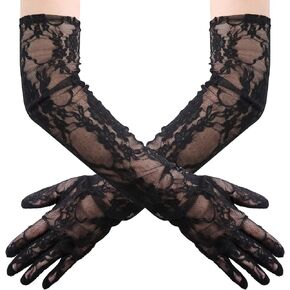 zeasciosd Women's Long Lace Floral Gloves Sheer Mesh Tulle Gloves Elbow Length Wedding Evening Opera Party Costume Gloves