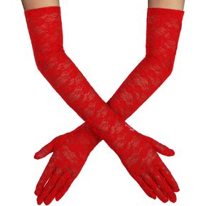 DIVINA VITAE Long Lace Gloves Bridal Gloves for Wedding 80s Lace Gloves for Women Floral Opera Gloves Stretchy Elbow Length Gloves Party Costumes Masquerade Gloves (Red)
