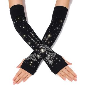 Yikisdy Glitter Butterfly Rhinestone Long Fingerless Gloves Black Knit Arm Glove Tea Party Accessory for Women