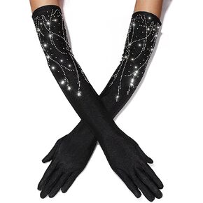 GEMILY Glitter Rhinestones Long Finger Gloves Black Satin Opera Arm Sleeves Cosplay Nightclub Prom Accessories for Women