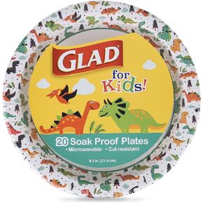 Glad Kids Dinosaur-Themed Heavy Duty Disposable Paper Plates - Soak Proof, Microwavable, 8.5" Round Plates, Perfect for Birthday Parties and Dinosaur Lovers - Pack of 20