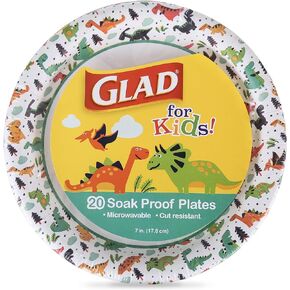 Glad Kids Dinosaur-Themed Heavy Duty Disposable Paper Plates - Soak Proof, Microwavable, 8.5" Round Plates, Perfect for Birthday Parties and Dinosaur Lovers - Pack of 20