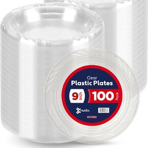 Munfix 100 Clear Plastic Plates Set - 9 Inch Plastic Dinner Plates, Disposable Plates Bulk Pack, Party Plates for BBQ, Picnic, Parties, Travel and Events, Microwavable Recyclable
