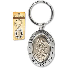 Religious Gifts Saint St Michael 3 1/4" Zinc Alloy Silver Plate Revolving Dual Tone Key Ring with Prayer