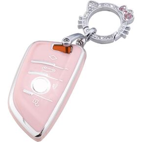 Pink Key Fob Cover for Land Rover Jaguar, Soft TPU Key Case Protection with Bling Keychain Fit for Evoque Velar Sport Discovery Freelander2 LR4 Sport Jaguar XF XJ XE F-PACE F-TYPE